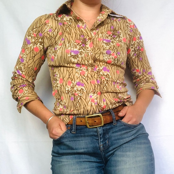 VTG 70s Disco Collar Earthy Pattern Button Shirt
